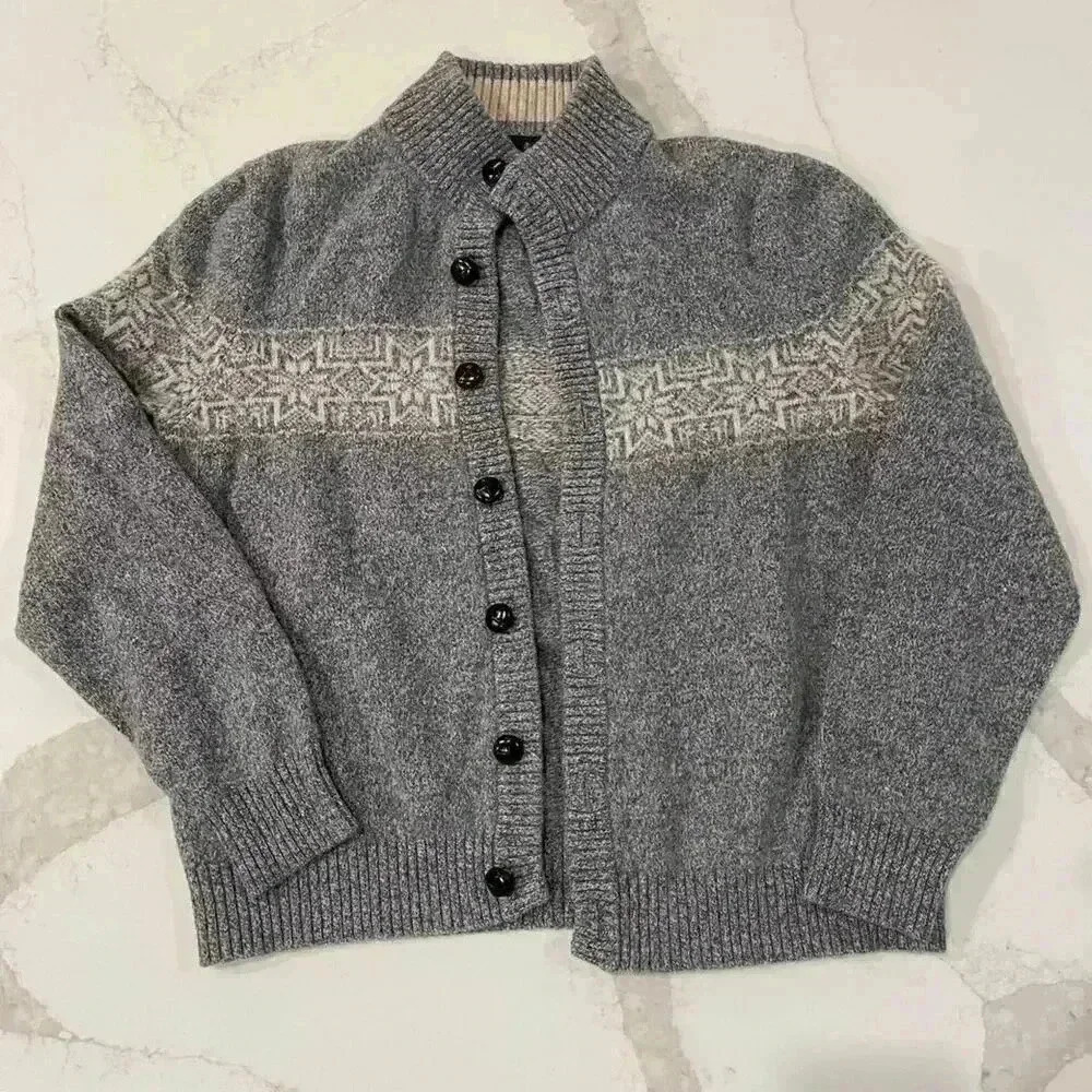 Brooks Brothers Cardigan Sweater Mens Large Gray Wool Blend Dark Brown Buttons